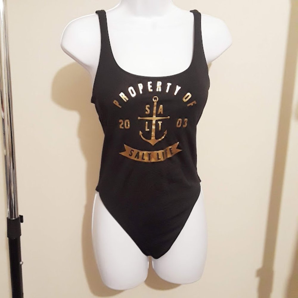LIKE NEW SALT LIFE Signature One Piece Swimsuit Black gold anchor print logo XL